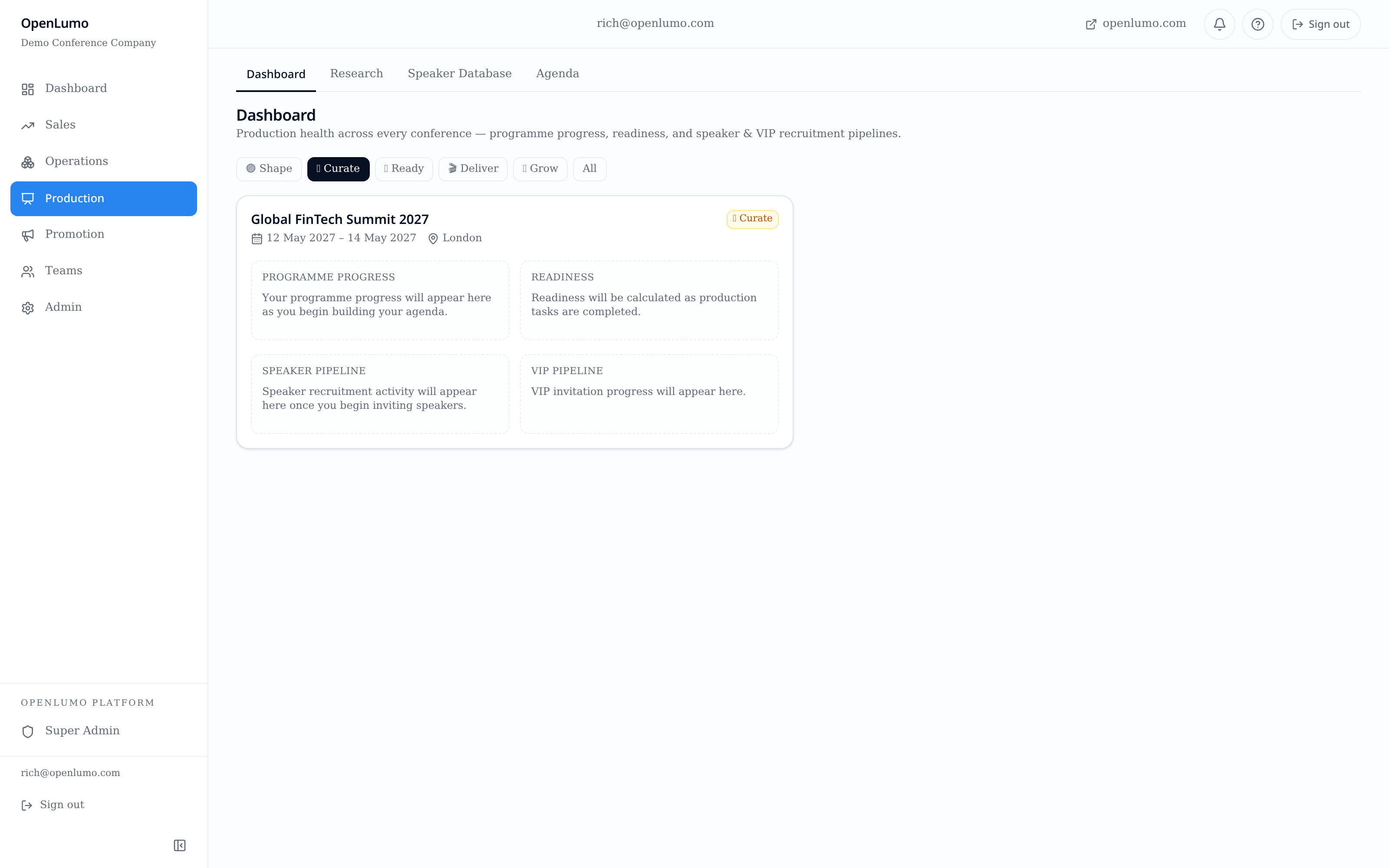 OpenLumo Production Dashboard showing conference progress.